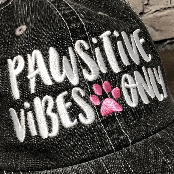 "Pawsitive Vibes Only" Embroidered/Distressed Cap - Picture 2 of 7
